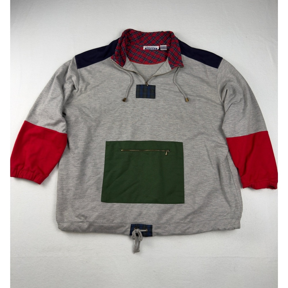 Kathy White Sport Vintage 90s Rugby Style Sweatshirt Grey Red Green Plaid 1X